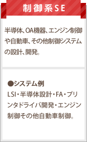 制御系SE：半導体、OA機器、エンジン制御や自動車、その他制御システムの設計、開発。